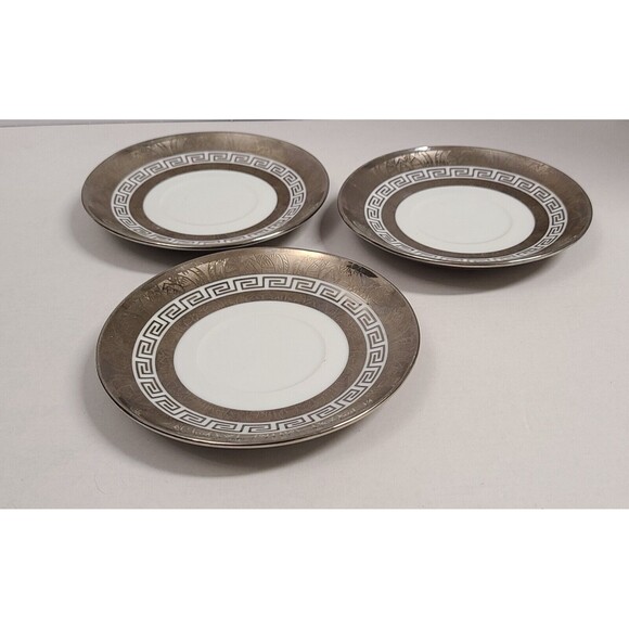 Set of 3 Saucers 5.5" Meander Pattern Brown Silver White Mediterranean Style - Picture 2 of 4